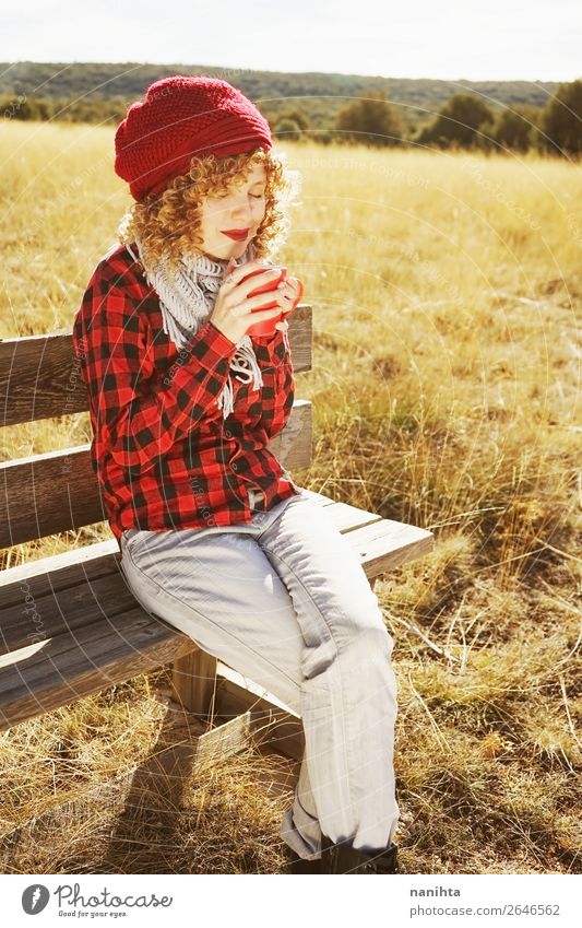 A young woman in red plaid shirt taking a cup Breakfast Beverage Hot drink Coffee Tea Lifestyle Wellness Well-being Relaxation Calm Vacation & Travel Adventure