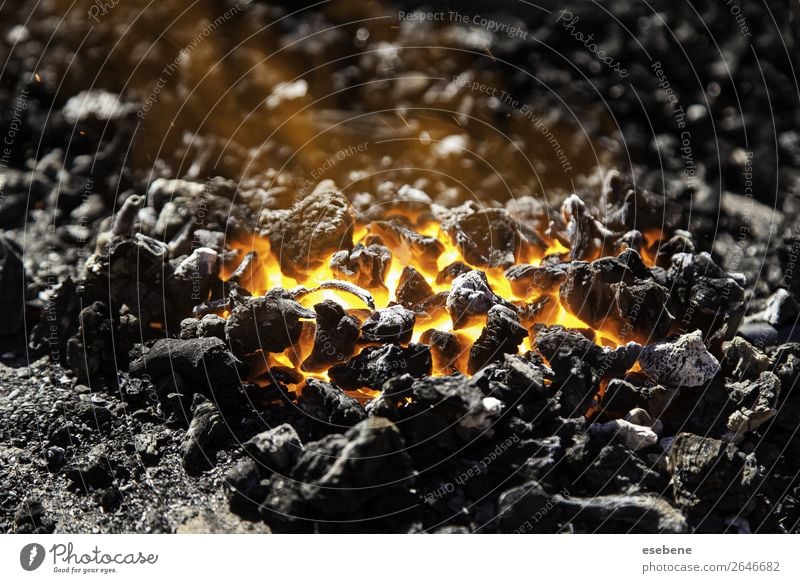 Red hot carbon in a coals for cooking Summer Warmth Hot Bright Yellow Black Energy Colour Coal fire wood burning Embers background charcoal heat barbecue flame