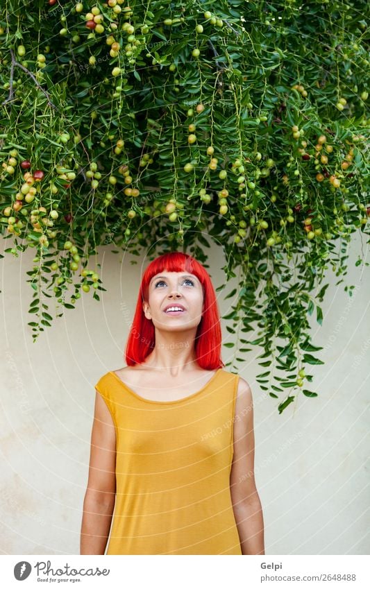 Red haired woman with yellow dress Lifestyle Style Joy Happy Beautiful Hair and hairstyles Face Wellness Calm Summer Human being Woman Adults Nature Plant Park