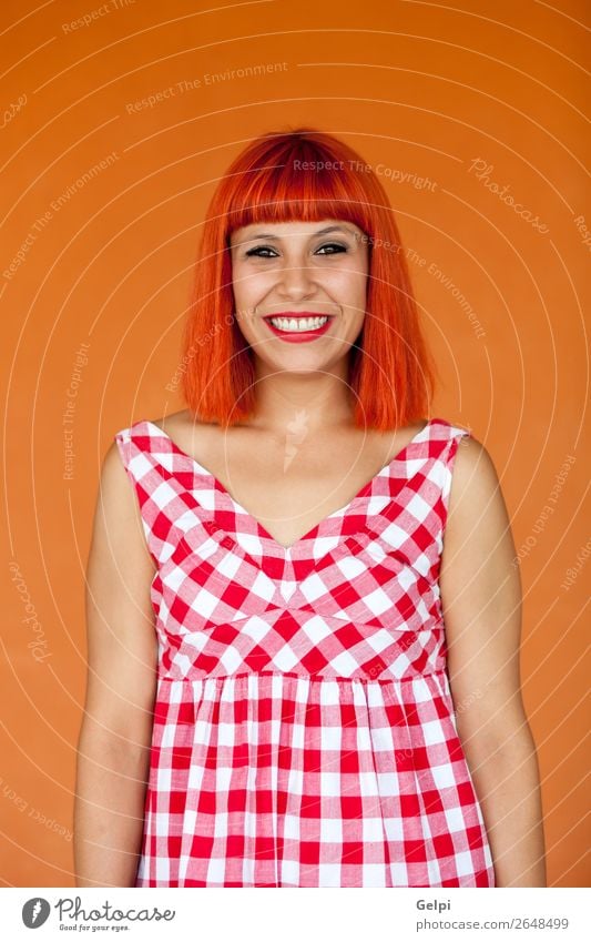 Red haired woman with red checkered dress Lifestyle Style Joy Happy Beautiful Hair and hairstyles Face Wellness Summer Human being Woman Adults Fashion Dress
