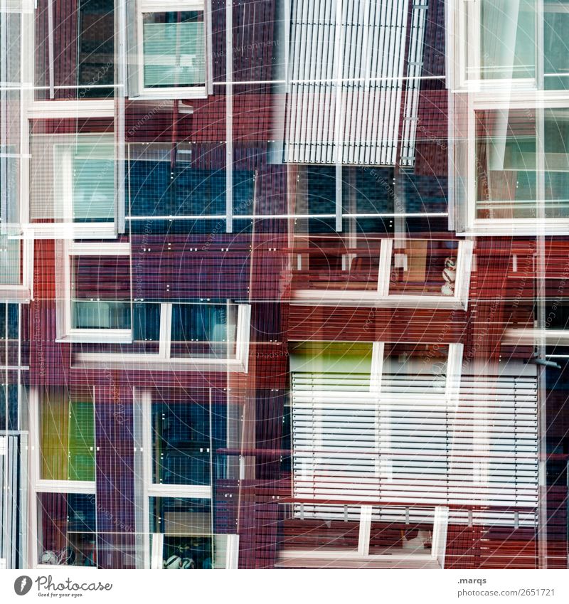 windows Style Design Facade Window Venetian blinds Line Exceptional Cool (slang) Uniqueness Modern Crazy Violet Red Black White Esthetic Chaos Colour