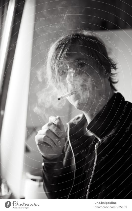 smoking man Masculine Young man Youth (Young adults) Man Adults 1 Human being 18 - 30 years Smoking Authentic Cigarette Black & white photo Interior shot