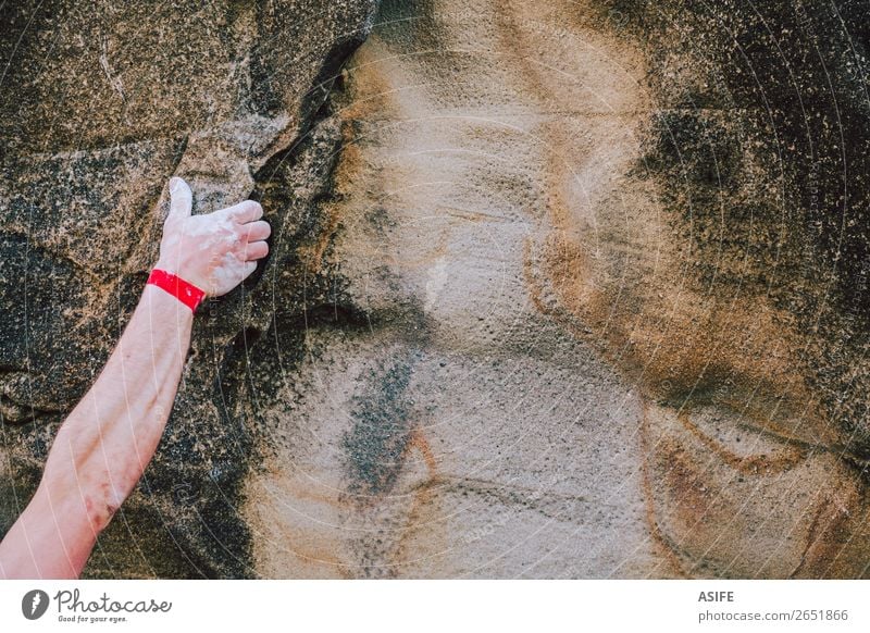 Arm of a rock climber man gripping the crack wall Joy Leisure and hobbies Adventure Mountain Hiking Sports Climbing Mountaineering Man Adults Hand Nature Rock