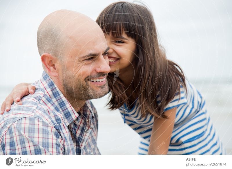 Fun with dad Joy Happy Beautiful Beach Ocean Child Parents Adults Father Family & Relations Friendship Clouds Bald or shaved head Smiling Laughter Love Embrace