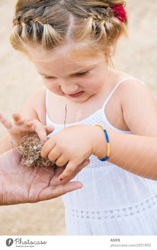 New experiences for little girl Life Summer Child School Toddler Parents Adults Father Hand Nature Blonde Bird Love Small Curiosity Cute Nest Daughter
