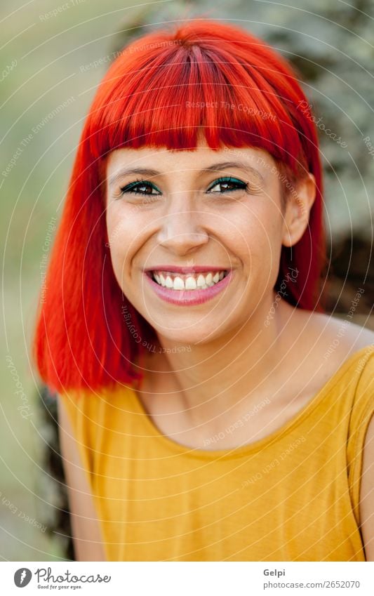 Portratif of red haired woman with yellow dress relaxed in a park Lifestyle Style Joy Happy Beautiful Hair and hairstyles Face Wellness Calm Summer Human being