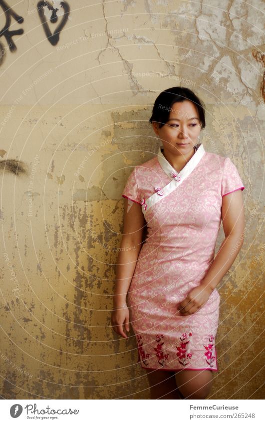 Graceful I. Woman Adults Head Arm Legs 1 Human being Esthetic Power Asians Chinese Dress Tradition Pink Wall (building) Broken Worn out Wallpaper Brittle Stand