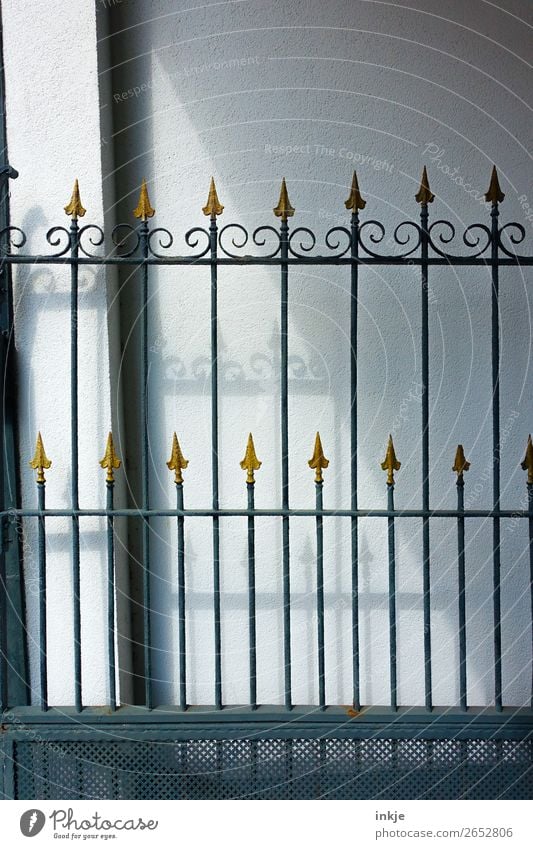 gate Deserted Iron gate Gate Wrought iron Metal Gold Ornament Arrow Point Old Historic Thorny Colour photo Exterior shot Close-up Day Light Shadow Contrast