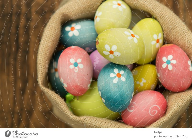 Colourful Easter Eggs with flowers painted Design Happy Beautiful Decoration Feasts & Celebrations Group Nature Spring Flower Wood Natural Blue Green Pink White