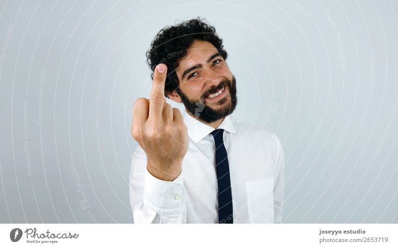 Fuck You Young man Youth (Young adults) 30 - 45 years Adults Shirt Tie Brunette Curl Moustache Beard Sign Smiling Disgust Crazy Middle finger Anger Business Man