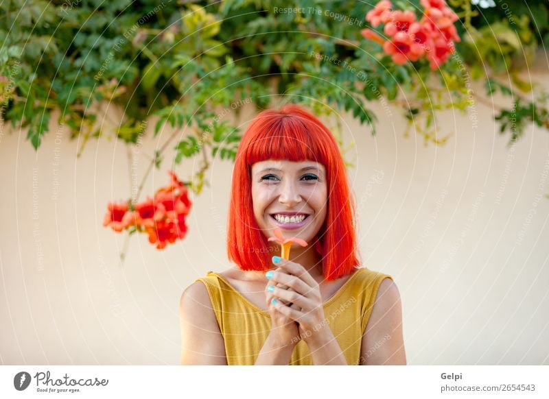 Happy woman with red hair and yellow dress Lifestyle Style Joy Beautiful Hair and hairstyles Face Wellness Summer Human being Woman Adults Nature Plant Flower