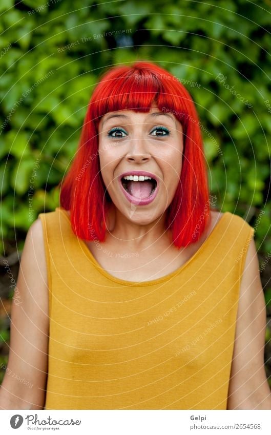 Surprised red haired woman in a park Lifestyle Style Joy Happy Beautiful Hair and hairstyles Face Wellness Summer Human being Woman Adults Nature Plant Park