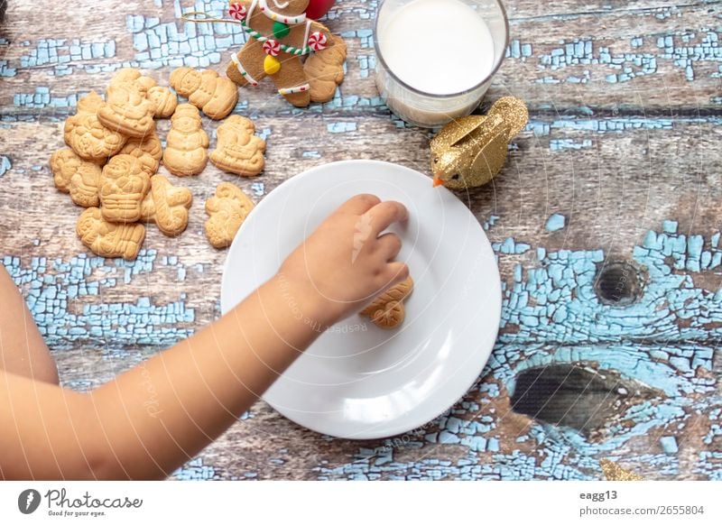 Cute little girl is playing with Santa's cookies and milk Eating Lifestyle Joy Happy Beautiful Playing Winter Table Feasts & Celebrations Christmas & Advent