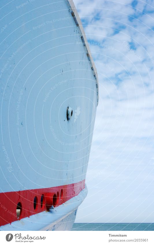 Boat hull with clouds Vacation & Travel Environment Nature Elements Air Water Sky Clouds North Sea Denmark Fishing boat Hull Esthetic Simple Blue Red Emotions