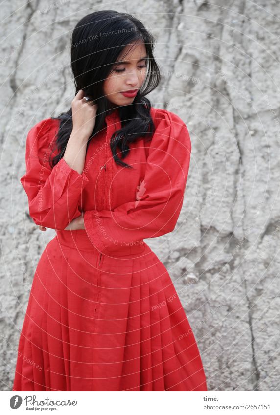 Pinkaholickaye Feminine Woman Adults 1 Human being Rock Mountain Dress Black-haired Long-haired Observe Think To hold on Looking Stand pretty Gray Red Passion