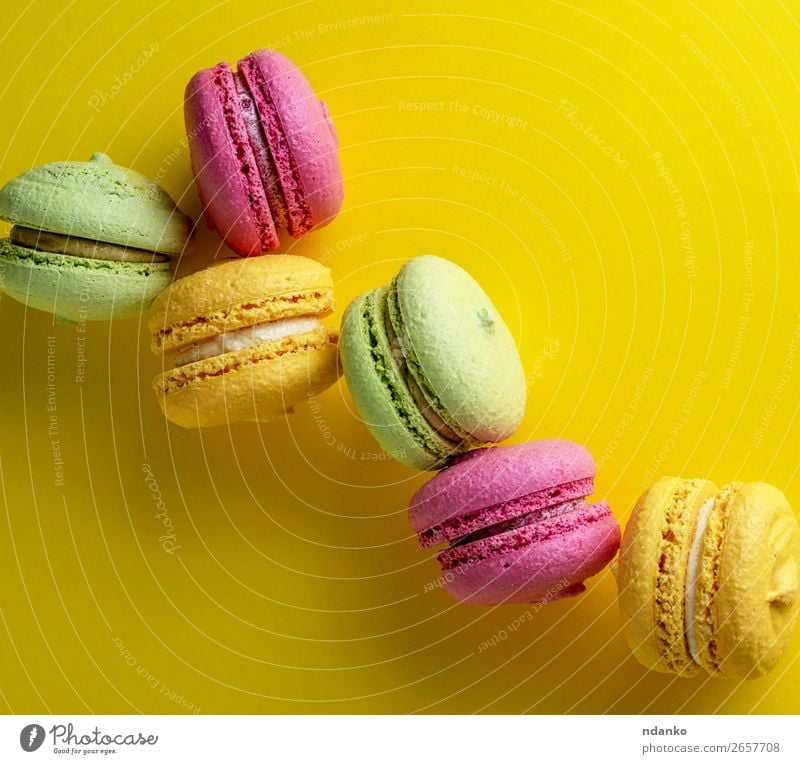 multicolored round cakes macarons Food Cake Dessert Candy Fashion Delicious Above Yellow Green Pink Colour Macaron colorful background french sweet colourful