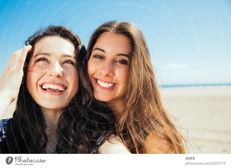Funny selfie girls on the beach Joy Happy Vacation & Travel Tourism Summer Beach Ocean PDA Camera Technology Woman Adults Friendship Youth (Young adults) Nature