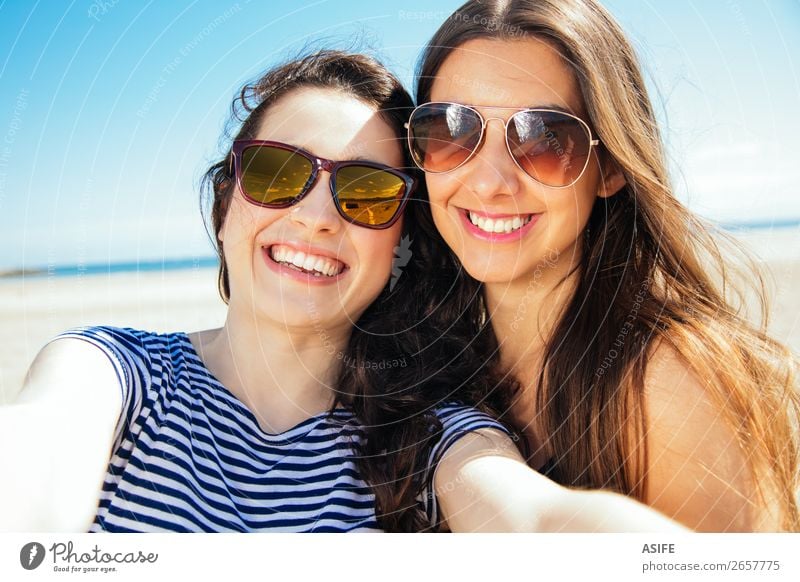 Happy selfie friends on the beach Joy Vacation & Travel Tourism Summer Beach Ocean PDA Camera Technology Woman Adults Friendship Youth (Young adults) Nature