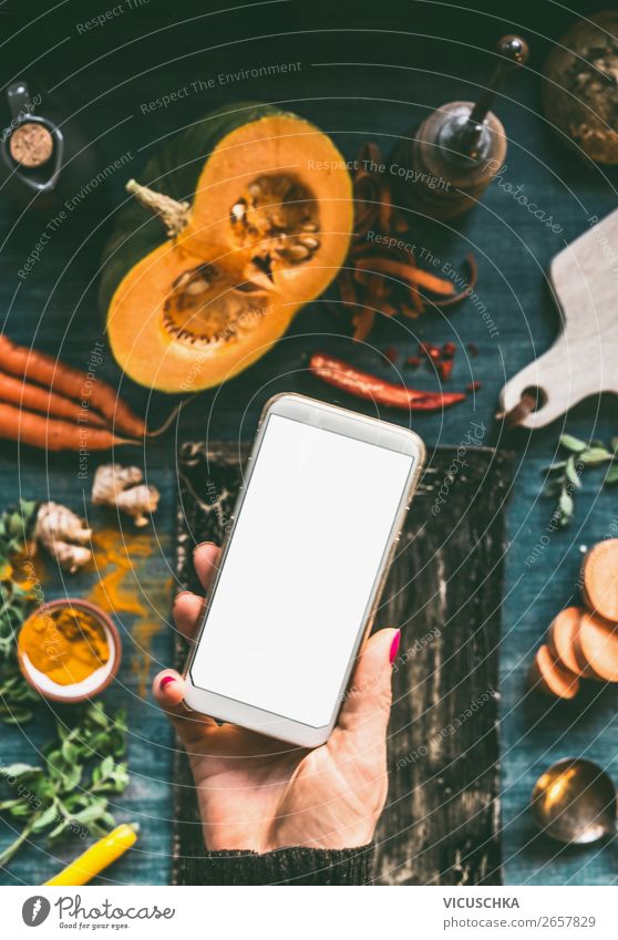Hand with smartphone and food Food Vegetable Shopping Design Healthy Eating PDA Internet Feminine Woman Adults Style Online Blog Background picture screen