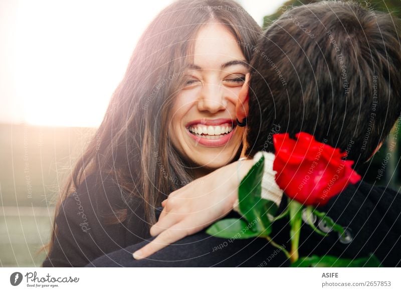 Happy couple hugging each other Joy Beautiful Winter Feasts & Celebrations Valentine's Day Woman Adults Man Couple Hand Autumn Flower Coat Kissing Smiling