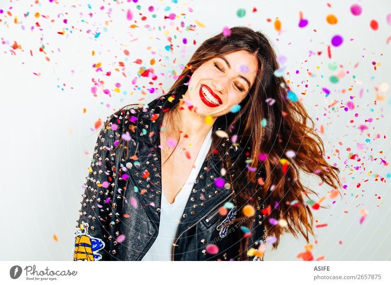 Happy party woman with confetti Joy Beautiful Make-up Lipstick Rouge Feasts & Celebrations New Year's Eve Birthday Woman Adults Youth (Young adults) Punk Rock