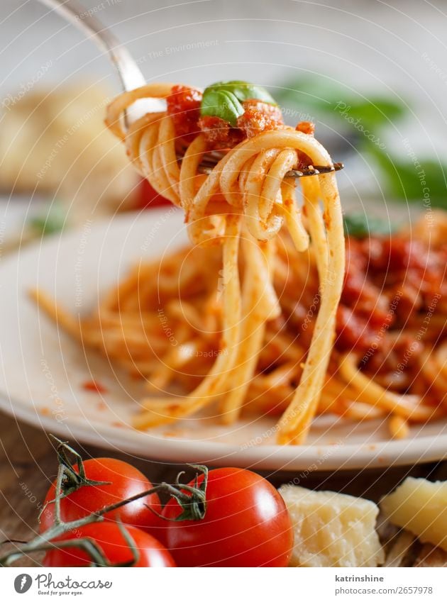 Spaghetti pasta with bolognese sauce Meat Cheese Herbs and spices Lunch Dinner Plate Fork Wood Bright Tradition Basil Beef Bolognese Cooking Dish food Italian