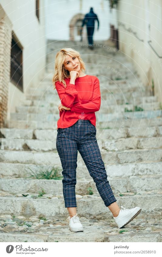 Happy young blond woman standing on beautiful steps in the street. Lifestyle Style Beautiful Hair and hairstyles Human being Feminine Young woman