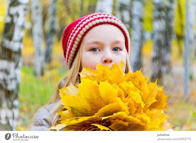 Girl with bouquet from sheets Herbs and spices Child Schoolchild Woman Adults Infancy 1 Human being Plant Autumn Leaf Hat Blonde Cute Red White girl Lady