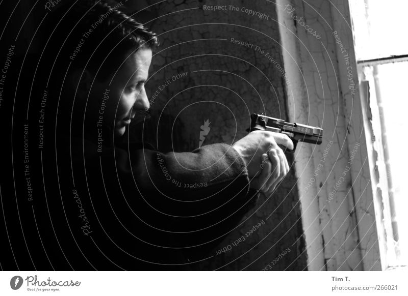 crime scene Profession Workplace Human being Masculine Man Adults Face Hand 1 30 - 45 years Sphere Fear Safety P88 Handgun Firearm 110 Black & white photo