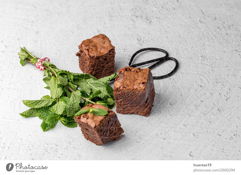 chocolate brownie with mint Food Dessert Candy Chocolate Breakfast Art Fresh Delicious Above Brown White food: dessert Home-made background sweet cake space