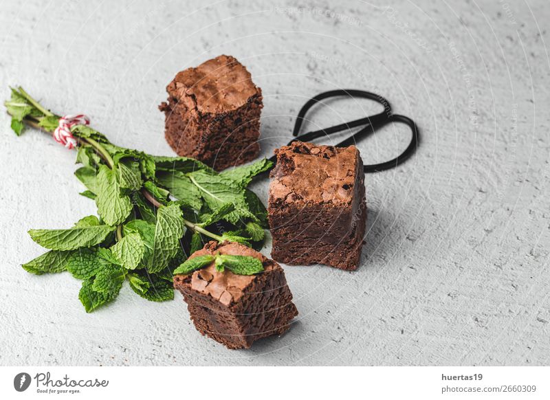 chocolate brownie with mint Food Dessert Candy Chocolate Breakfast Art Fresh Delicious Sweet Brown White food: dessert Home-made background cake space Mint