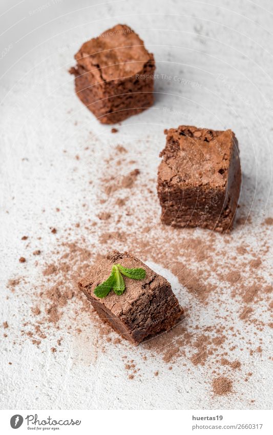 chocolate brownie with mint Food Dessert Candy Chocolate Breakfast To have a coffee Art Fresh Delicious Sweet Brown White food: dessert Home-made background