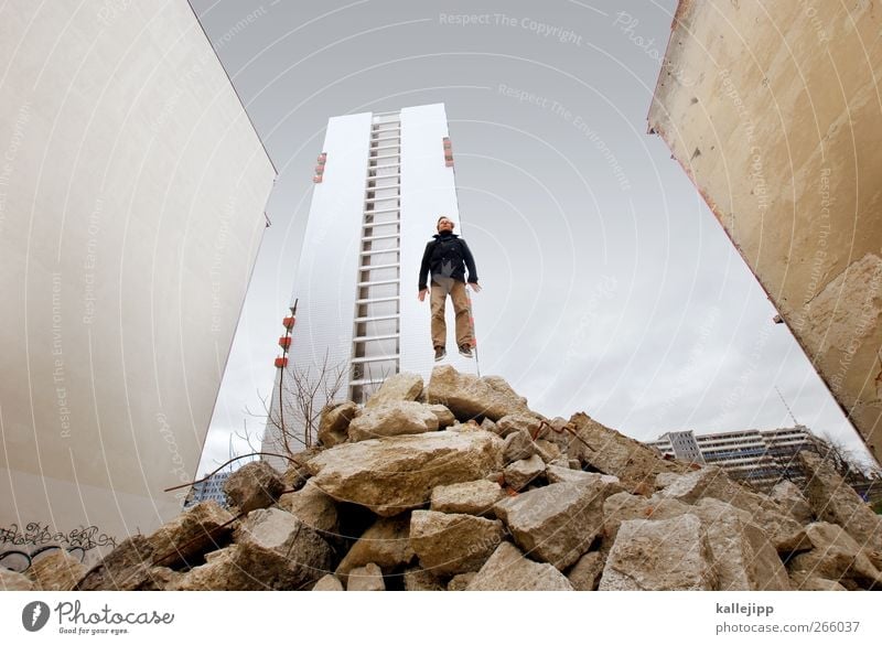 basejump Human being Masculine Man Adults Body 1 High-rise Jump Athletic Building rubble Construction site Berlin Prefab construction Wall (building)