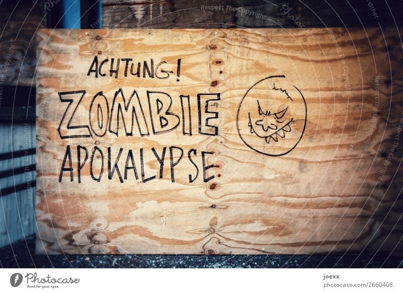 Graffity on wood: ATTENTION! Zombie Apocalypse Wood Sign Characters Signs and labeling Signage Warning sign Graffiti Aggression Warning label Colour photo