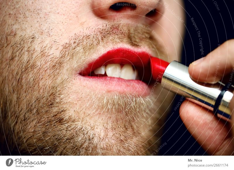 Surprise | coming out Personal hygiene Lipstick Masculine Mouth Teeth Facial hair 1 Human being Exceptional Hip & trendy Red Cosmetics Feminine Homosexual