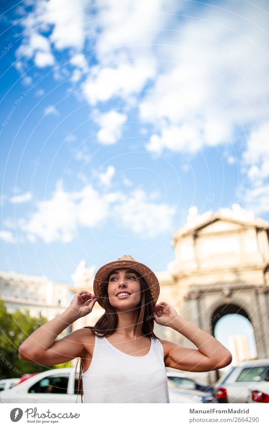 young tourist woman at puerta alcala madrid Lifestyle Happy Beautiful Vacation & Travel Tourism Summer Human being Woman Adults Street Fashion Hat Smiling