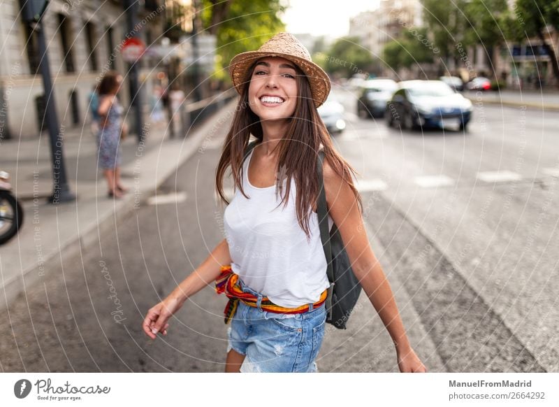 young cheerful woman in the street Lifestyle Happy Beautiful Vacation & Travel Tourism Summer Human being Woman Adults Street Fashion Hat Smiling Moody Joy