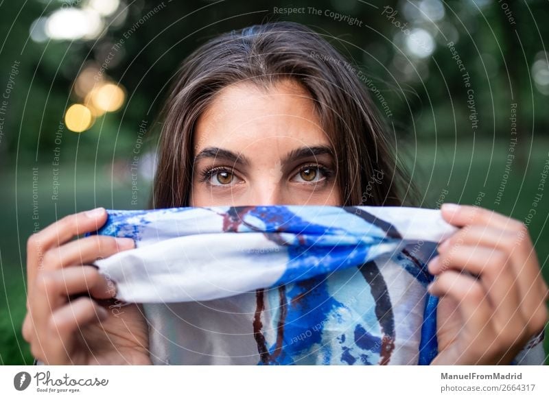woman hiding her face Elegant Beautiful Face Human being Woman Adults Fashion Clothing Scarf Authentic Friendliness Natural Blue White Secrecy Adventure Colour