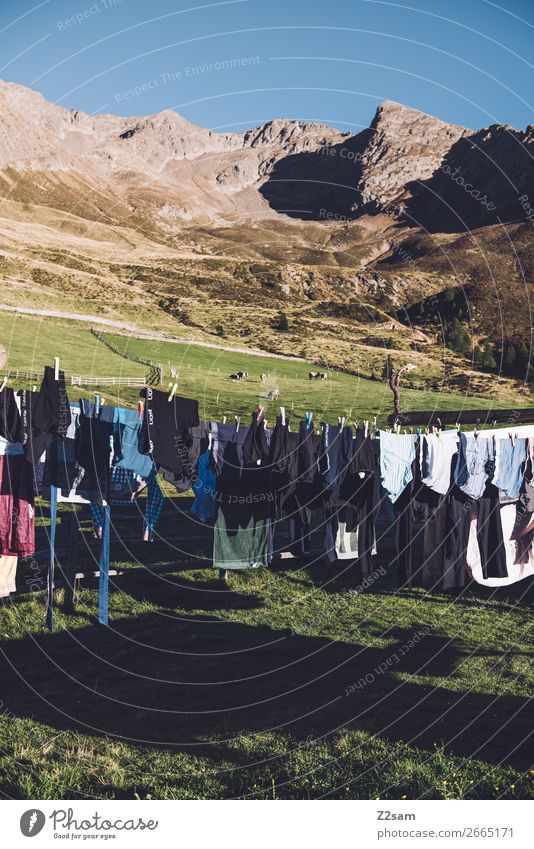 Laundry line on a mountain hut | South Tyrol Hiking Climbing Mountaineering Environment Nature Landscape Cloudless sky Summer Beautiful weather Alps Clothing