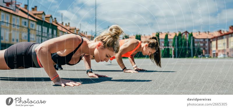 Two sportswomen doing push-ups Lifestyle Wellness Sports Internet Human being Woman Adults Friendship Brunette Blonde Fitness Athletic Strong Power Energy