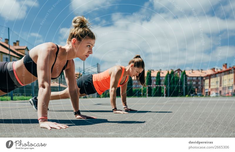 Sportswomen doing push-ups Roll Lifestyle Beautiful Personal hygiene Wellness Human being Woman Adults Friendship Brunette Blonde Fitness Athletic Strong