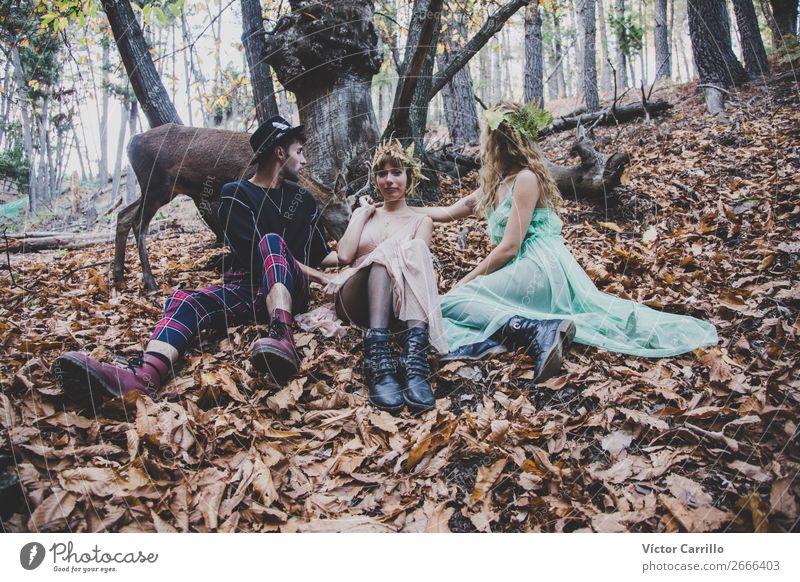 Friends Playing With A deer in the Woods Lifestyle Shopping Elegant Style Design Exotic Joy Human being Feminine Friendship Couple Partner Youth (Young adults)