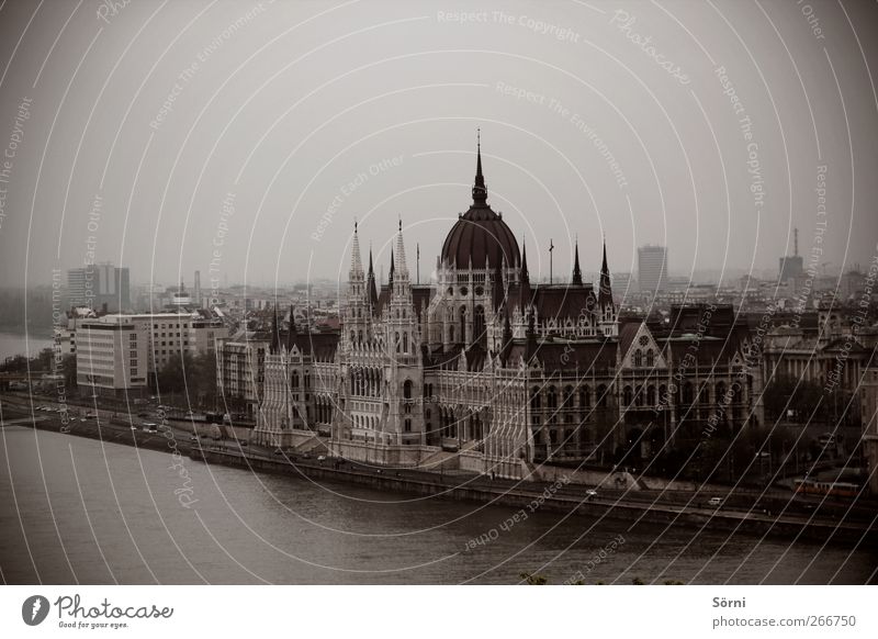Országház Style Architecture Culture Bad weather Storm Fog River bank Danube Budapest Hungary Europe Town Capital city Deserted City hall Tower
