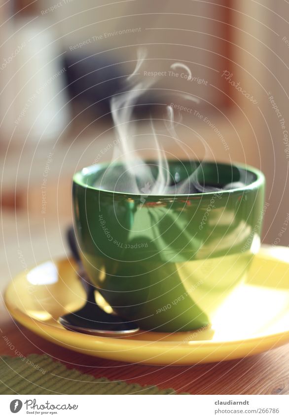 Let's get some steam going! Breakfast To have a coffee Beverage Hot drink Coffee Crockery Plate Cup Spoon To enjoy Drinking Fresh Yellow Green Steam Fragrance