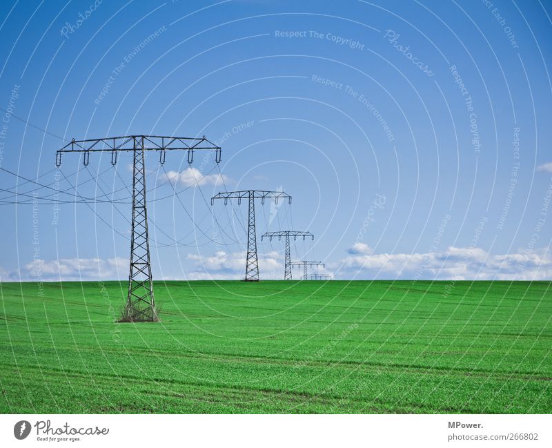 high_voltage_current_field Environment Landscape Sky Clouds Horizon Blue Green White Electricity High voltage power line Electricity pylon Renewable energy