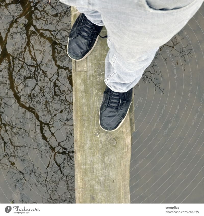 balance Man Adults Legs Feet Pond Lake Brook Healthy Curiosity Balance Footbridge Caution Traverse Trouser leg Water reflection Surface of water