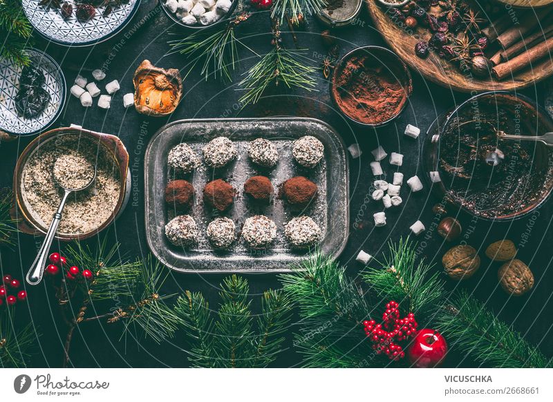 Homemade truffle chocolates for Christmas Food Candy Chocolate Herbs and spices Nutrition Banquet Crockery Style Design Winter Living or residing Decoration