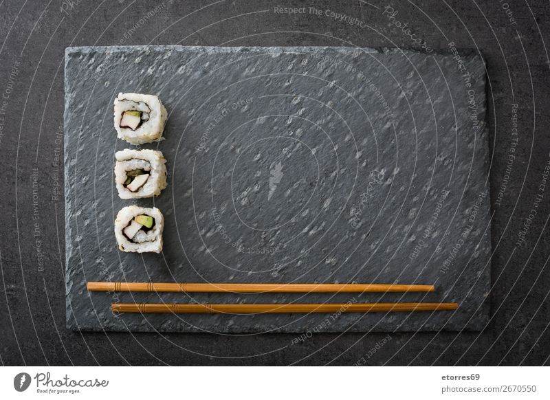 white sushi and chopstick on black slate Sushi Food Healthy Eating Food photograph Japanese Rice Fish Salmon Seafood Roll Meal Make Gourmet Asia Raw Seaweed