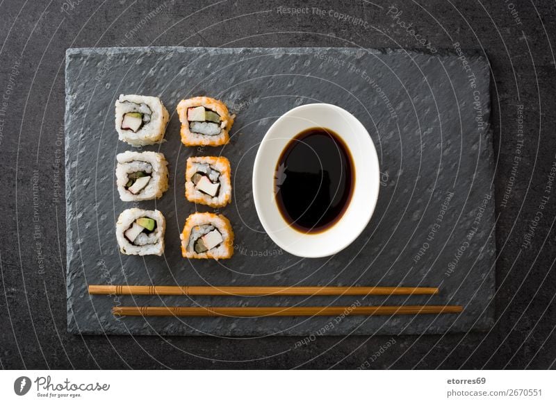 sushi assortment and soya sauce in black slate Sushi Food Healthy Eating Food photograph Japanese Rice Fish Salmon Seafood Roll Meal Make Gourmet Asia Raw