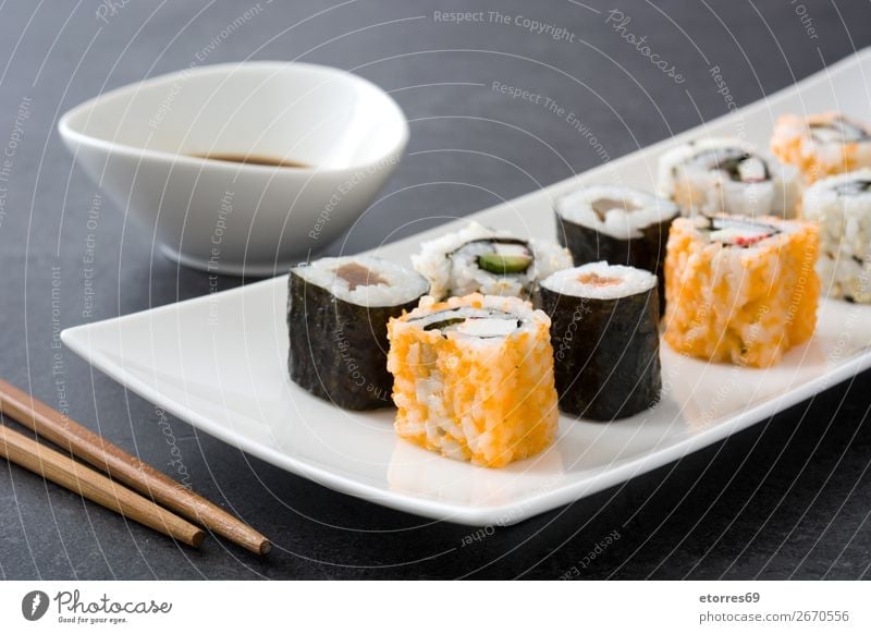 sushi assortment in white plate on black background Sushi Food Healthy Eating Food photograph Japanese Rice Fish Salmon Seafood Roll Meal Make Gourmet Asia Raw